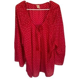 Faded Glory Sz 3X Red Tunic Top Lace Up Top Tassel Ties Bell Sleeve 22W-24W